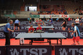 Blick in die Tischtennishalle. Im Vordergrund stehen sich Achim Seidel und Rudi Gregoric an der Platte gegenüber. Foto: SOD/Florian Conrads