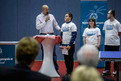 Moderator André Scheidt (links) stellt seine Co-Moderatoren vor. vlnr.: die Athleten Mark Karimov, Stefanie Wiegel und Christian Pohler. (Foto: SOD/Andreas Endermann)