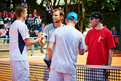 Shake Hands nach dem Spiel - Johan Brunstrom (ATP-Profi/Schweden), Frederik Nielsen (ATP-Profi / Danemark), Simon Götting und Patrick Haberland (vlnr.). (Foto: SOD/Tom Gonsior)