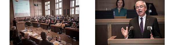 Der Plenarsaal im Frankfurter Römer war bis auf den letzten Platz besetzt  (links). SOD-Präsident Gernot Mittler bei seiner Rede an die Mitgliederversammlung. (Foto: SOD/Stefan Holtzem)